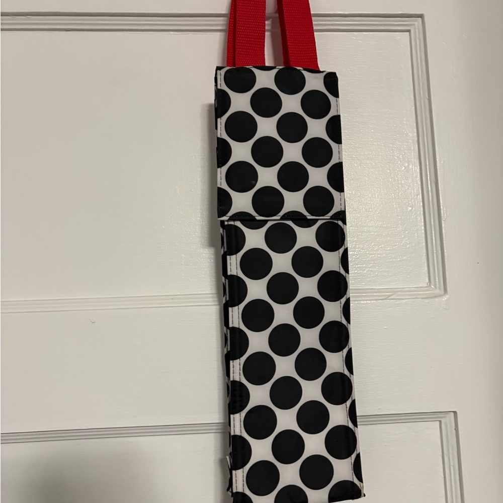 Thirty-One Black and White Polka Dot wine bottle bag with Red Straps